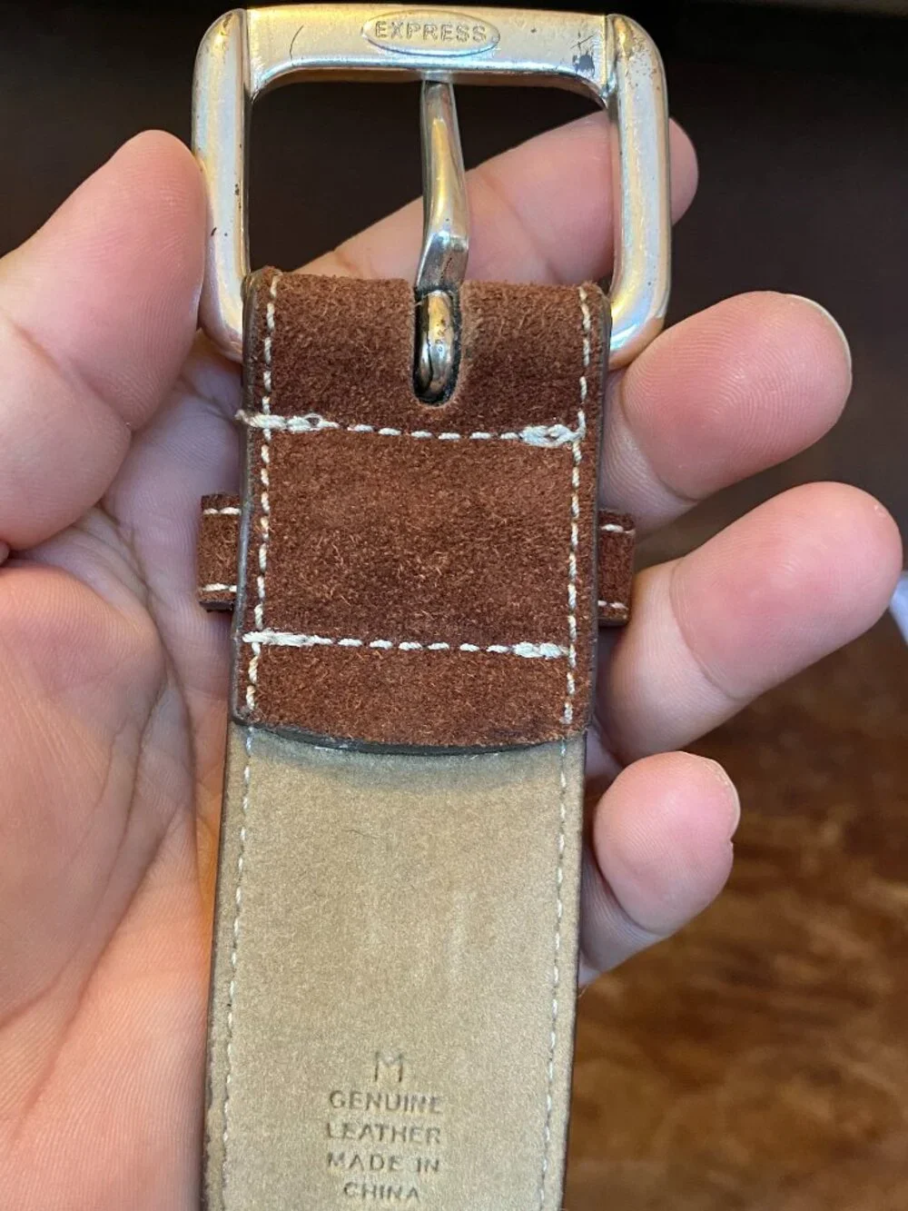 Express Belt Brown Suede Leather Square Brass Buckle Square End Size 32 33 MED